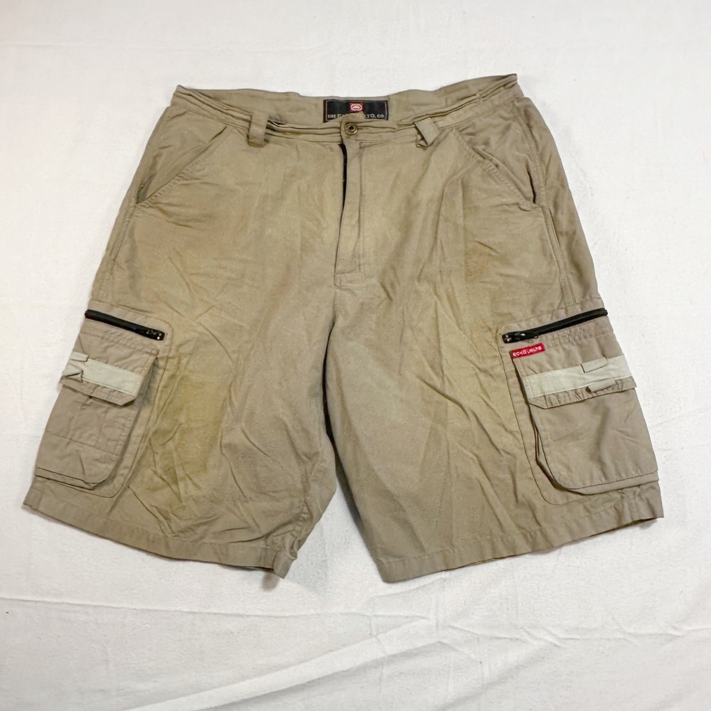 Y2K Ecko Unltd Baggy Cargo Short Khaki Men Size 36 Cotton Nylon Zip‎ Pocket 00